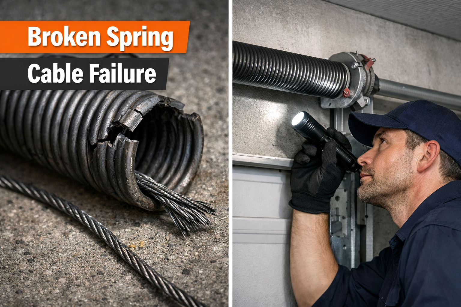 Detailed () editorial image showing a split-scene comparison: left side depicts a broken garage door spring with visible