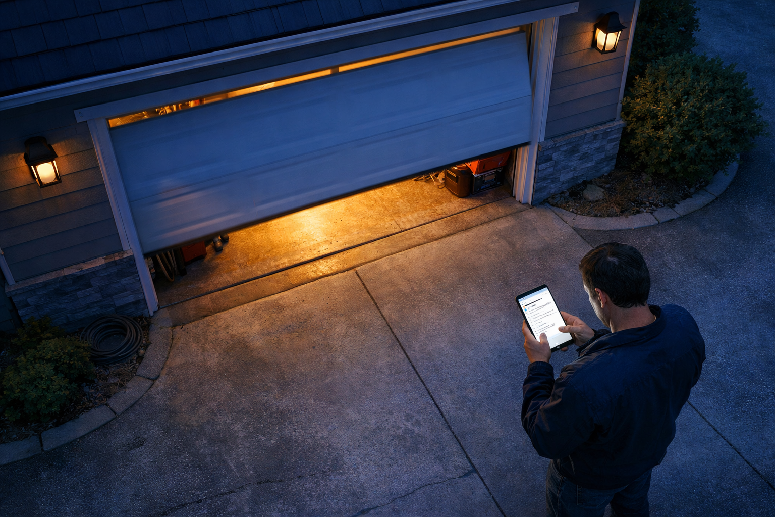 () overhead bird's-eye view of a residential driveway at dusk, garage door stuck halfway open with interior garage light