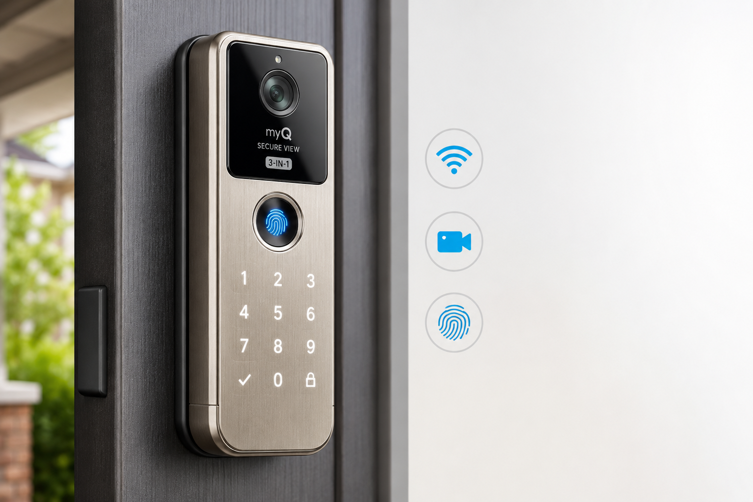 Close-up product shot of the myQ Secure View 3-in-1 Smart Lock mounted on a modern front door, showing the integrated 2K HDR