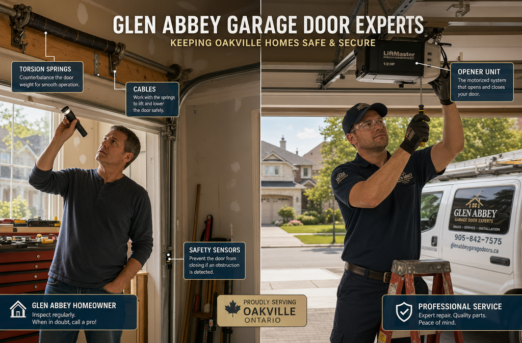 Detailed () editorial illustration showing a split-scene comparison: on the left, a Glen Abbey homeowner inspecting a garage