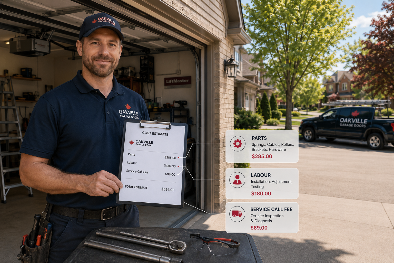 Detailed () image showing a garage door technician in a branded uniform standing beside an open residential garage door in a