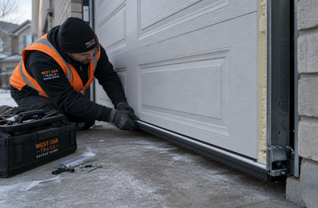Detailed () image showing a professional garage door installer in branded work uniform fitting weatherstripping along the