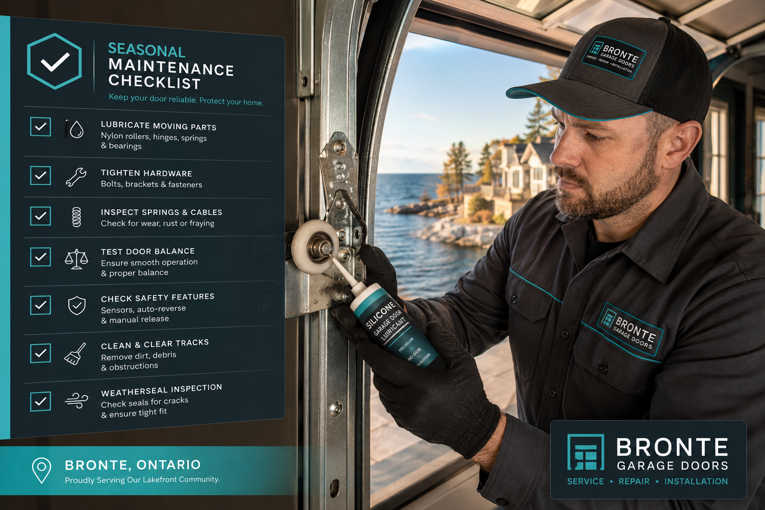 Detailed () maintenance checklist visual showing a garage door technician in work uniform inspecting hardware components on