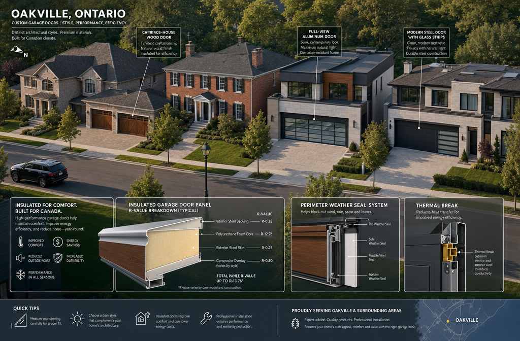 Detailed () overhead aerial-style illustration showing an Oakville residential neighbourhood street with varied home styles