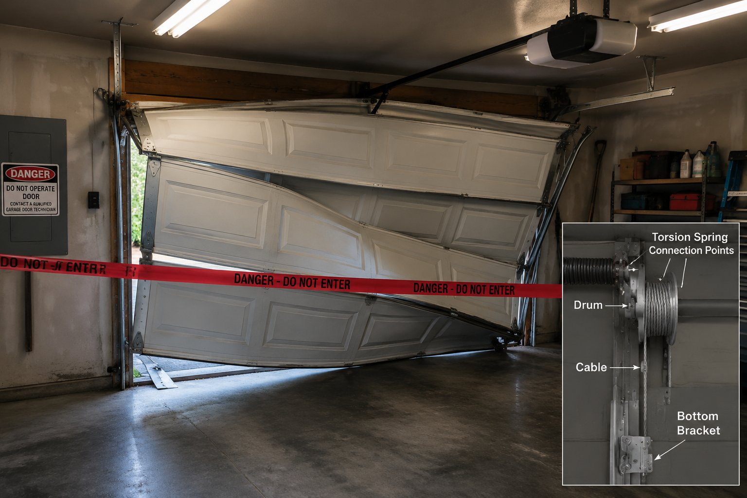 Detailed () safety-focused scene showing a residential garage interior with a heavy sectional garage door partially fallen