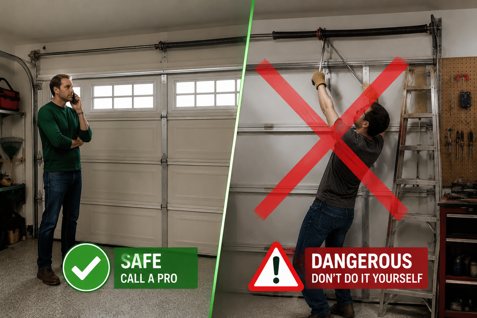 Detailed () showing a split-scene comparison image. Left side: a homeowner safely standing back from a closed garage door,