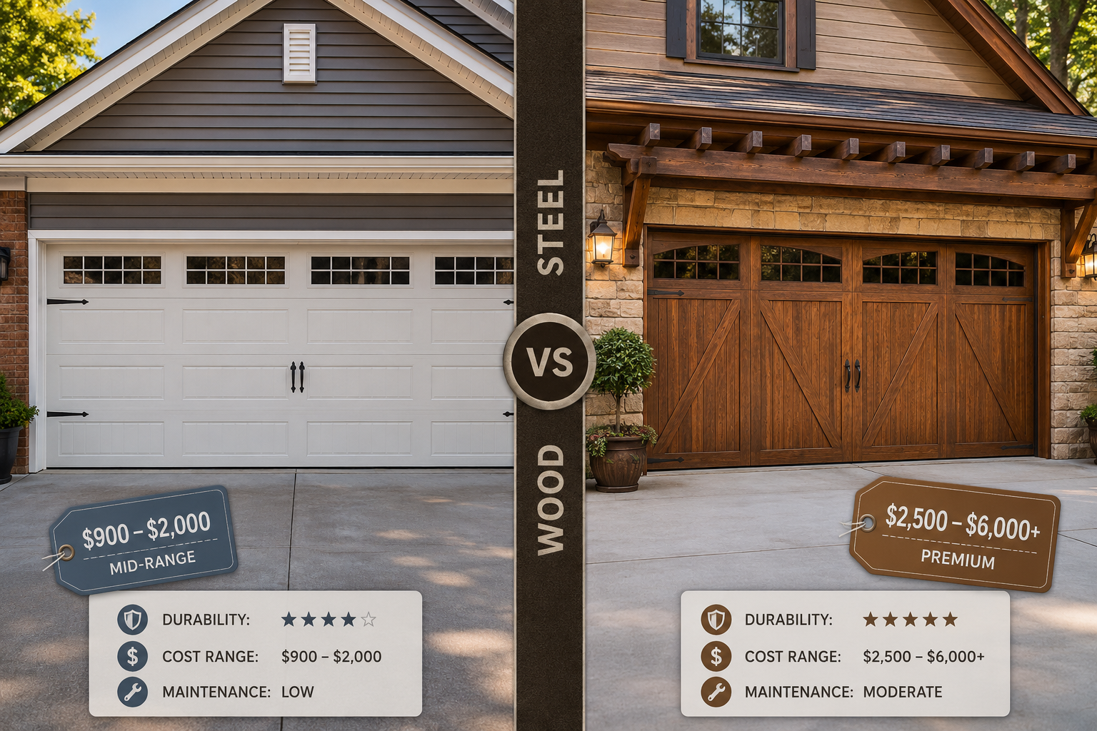 Detailed () side-by-side comparison scene showing two garage doors on suburban homes: left side shows a classic steel