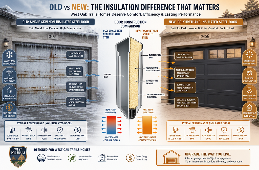Detailed () split-composition infographic image showing two side-by-side garage doors: left side shows an old single-skin