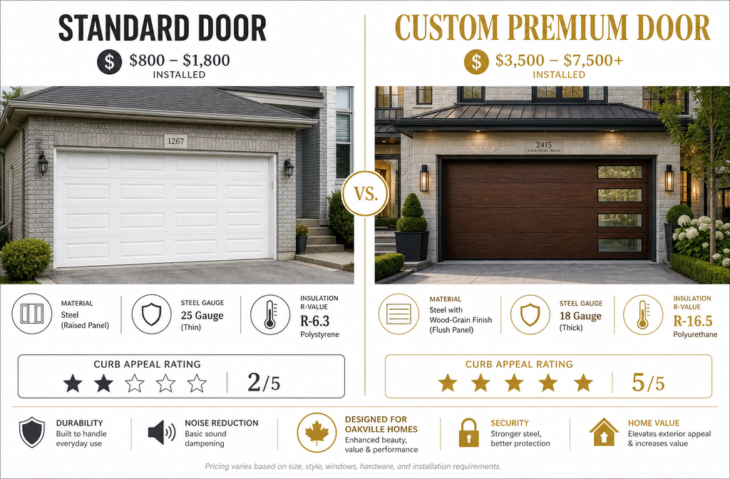 Detailed () split-panel comparison infographic showing two garage doors side by side: left panel shows a standard white
