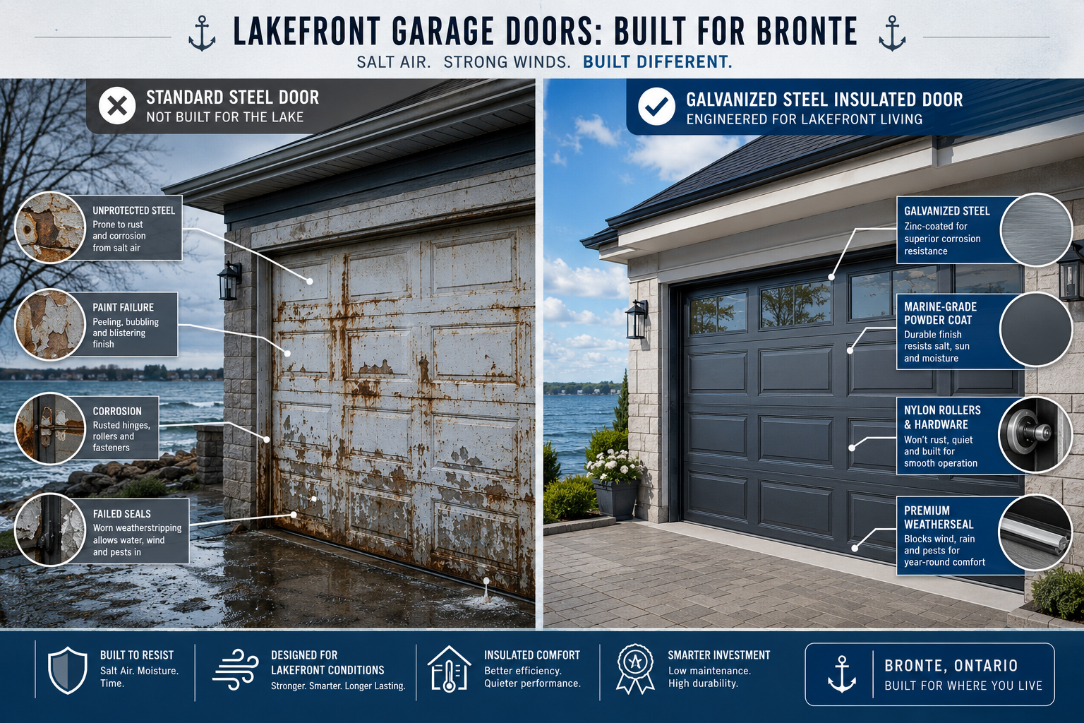 Detailed () split-panel infographic illustration showing two contrasting garage door scenarios for lakefront homes in