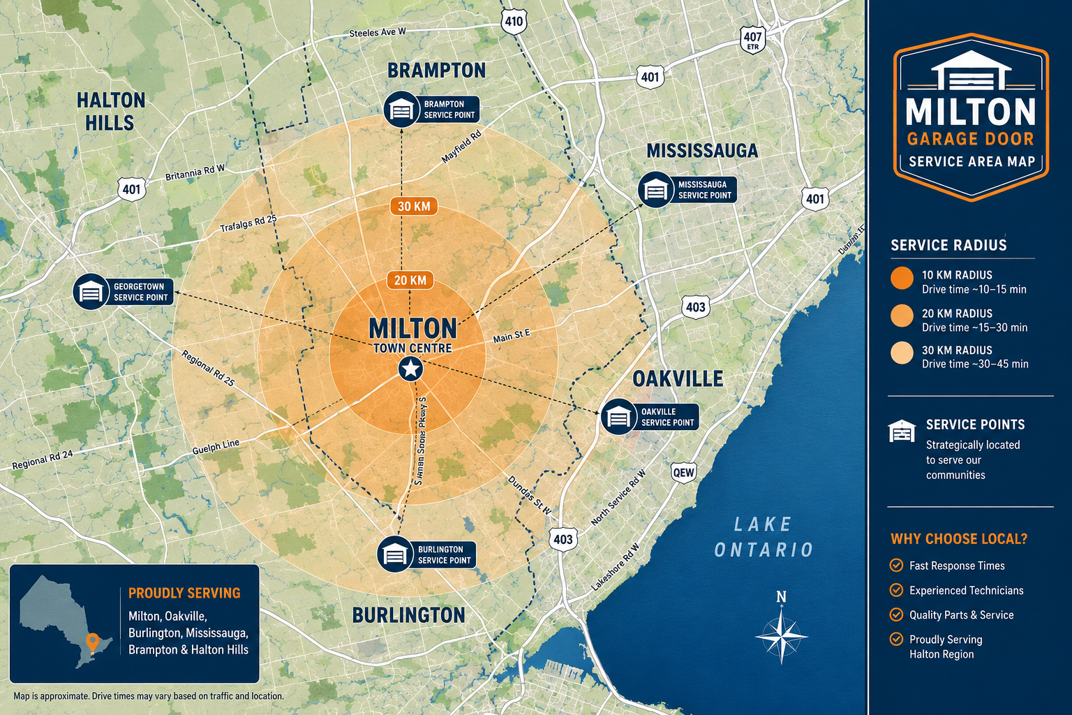 Wide () editorial illustration showing a detailed service area map of Milton Ontario and surrounding municipalities