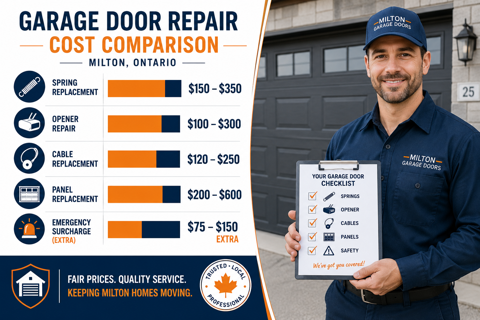 Wide () split-panel cost comparison infographic for garage door repair in Milton Ontario. Left panel shows a vertical bar