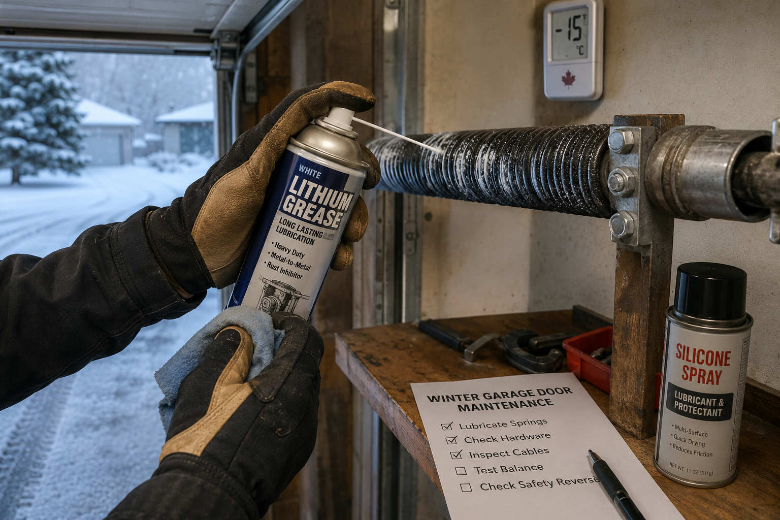 () close-up editorial photograph of a homeowner's gloved hands applying white lithium grease spray to a garage door torsion