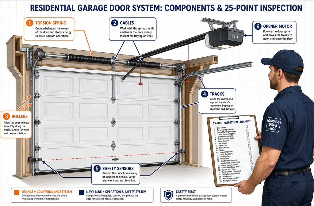 () detailed infographic-style illustration showing a cross-section cutaway of a residential garage door system with labeled