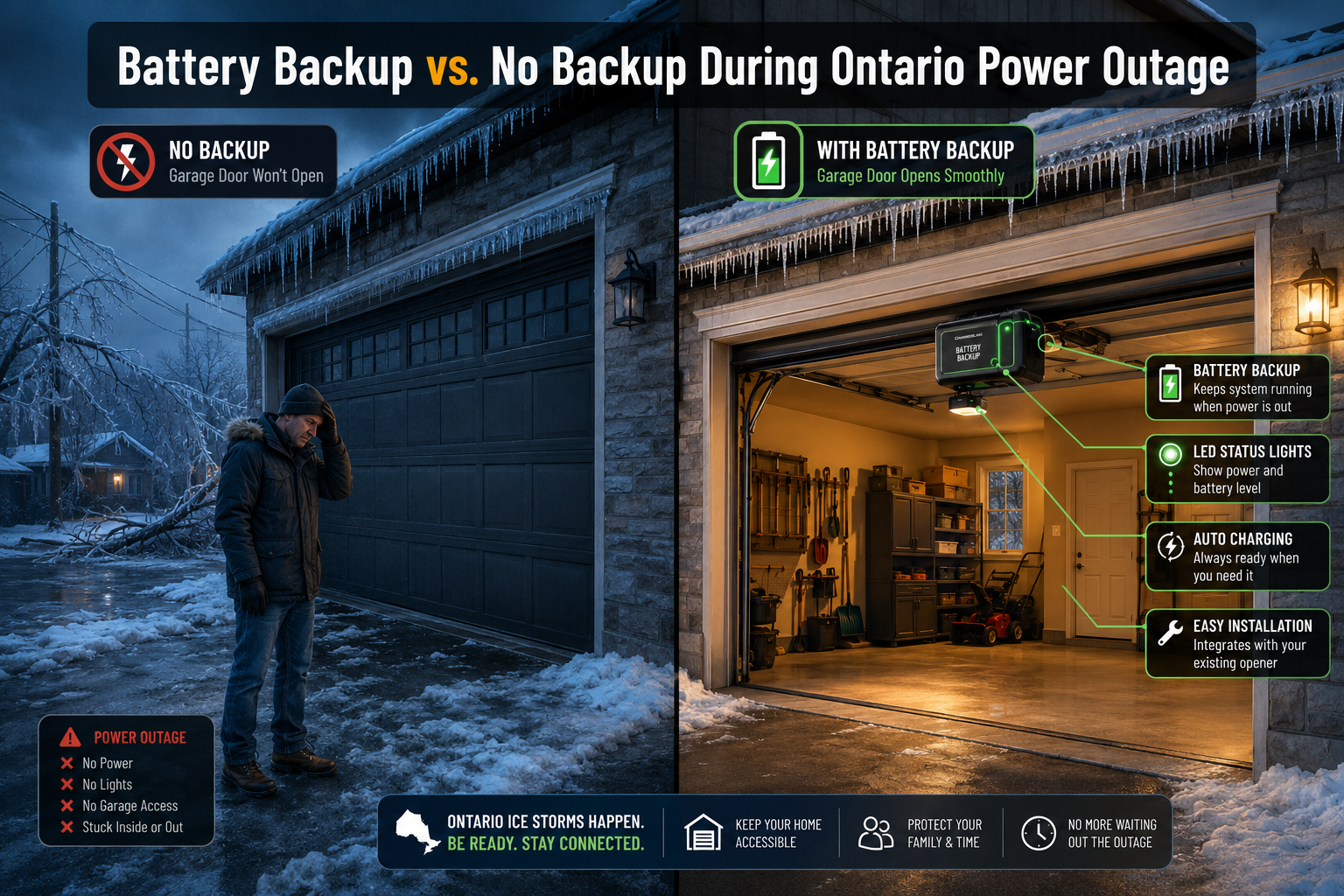 () editorial illustration showing a split-scene comparison: left side depicts a dark Ontario suburban street during a winter