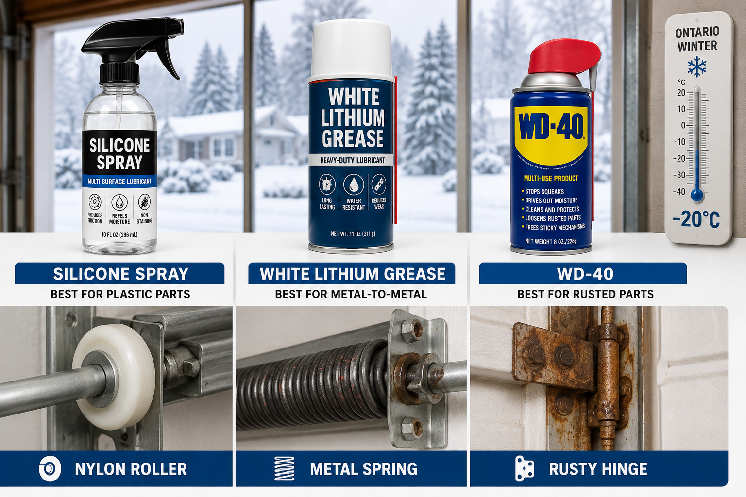 () editorial infographic-style illustration showing a split comparison of three lubricant types side by side: silicone spray