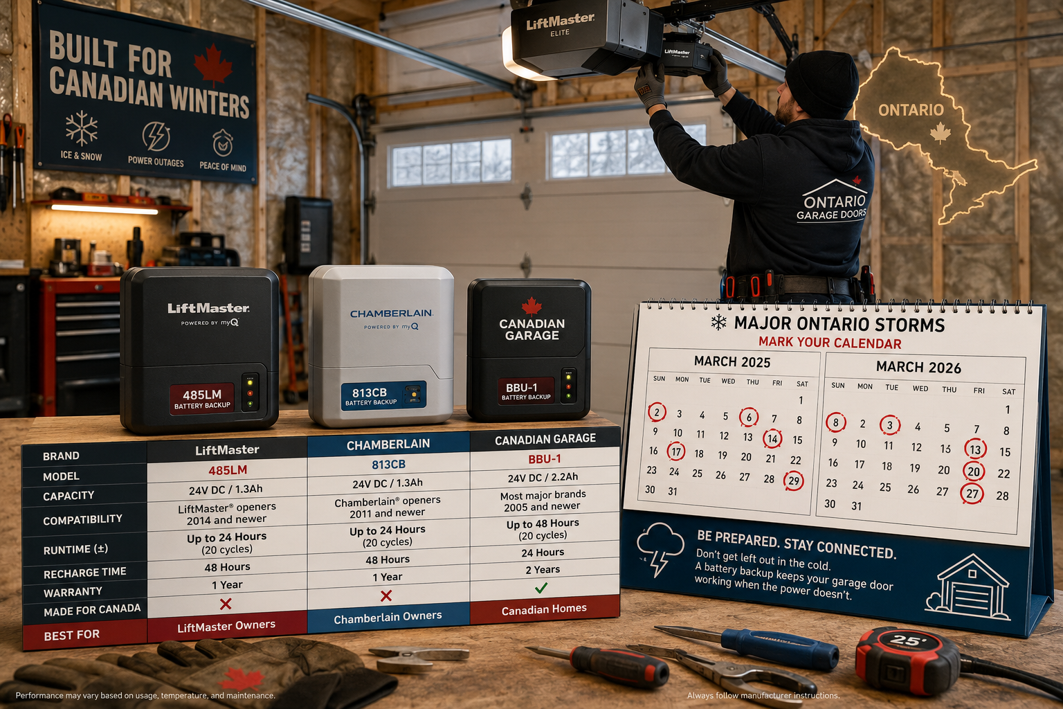 () product comparison flat-lay and installation scene: a workbench showing three popular garage door opener battery backup
